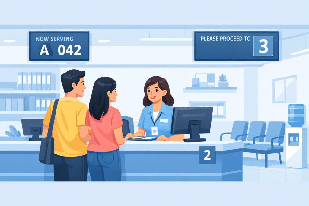 Illustration of a generic government service office in the Philippines with people applying for documents at a service counter