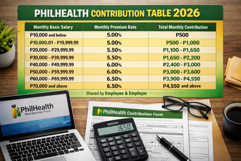 PhilHealth contribution table 2026 salary brackets Philippines