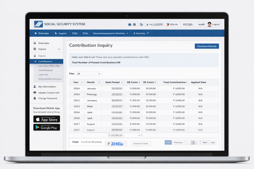 check SSS contribution online Philippines MySSS portal dashboard